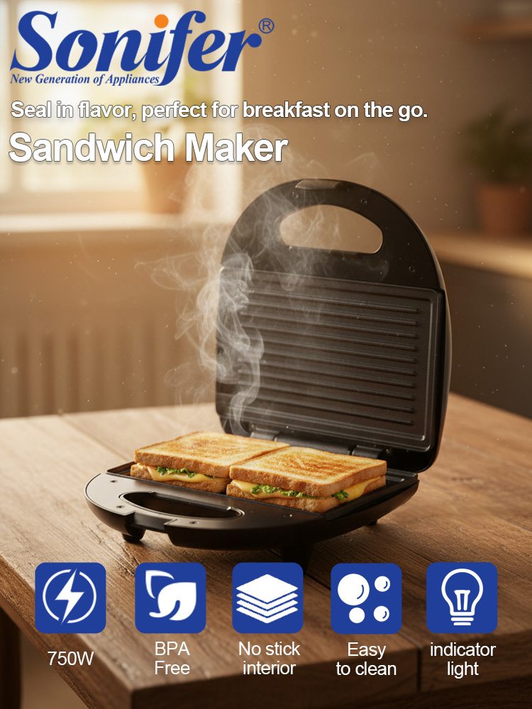 Sandwich Press Panini - Sandwichera Sonifer SF-6173 750W, Prensa para